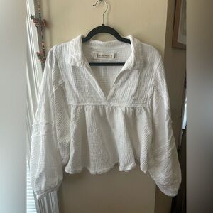 Free People White Cotton-Gauzey Long Sleeve Top